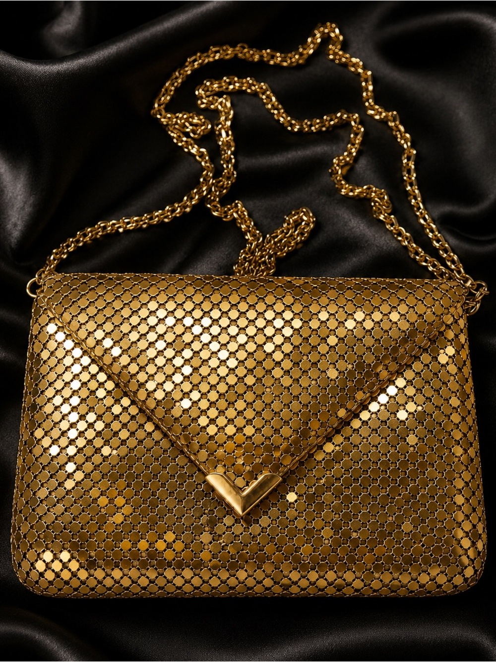 She’s Sassy Gold Mesh Evening Bag Long Chain Vintage Style 13×17